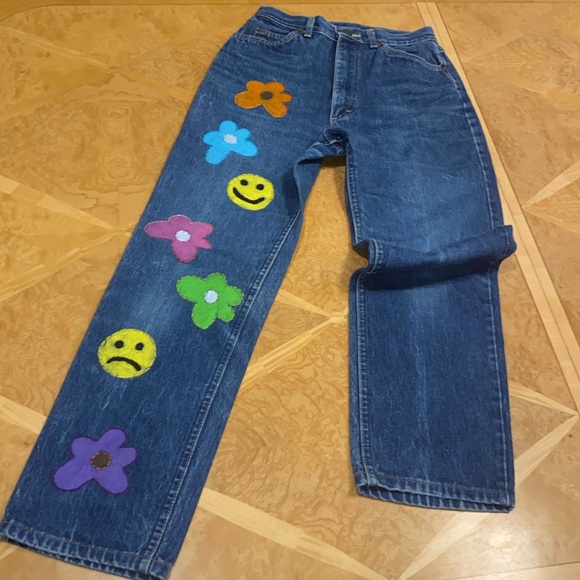 Vintage Lee Jeans Painted Flowers High Waist Mom Jeans Union Made In USA Size 10 - Picture 1 of 14